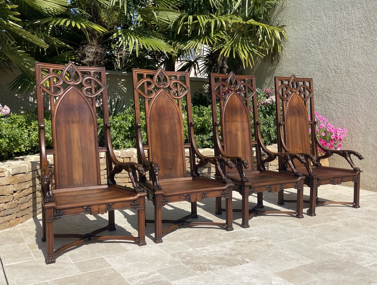 Unique! 4 Gothic  Style Walnut Armchairs + Footstools-photo-3