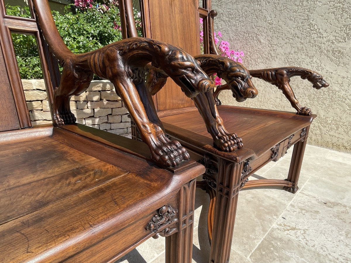 Unique! 4 Gothic  Style Walnut Armchairs + Footstools-photo-4