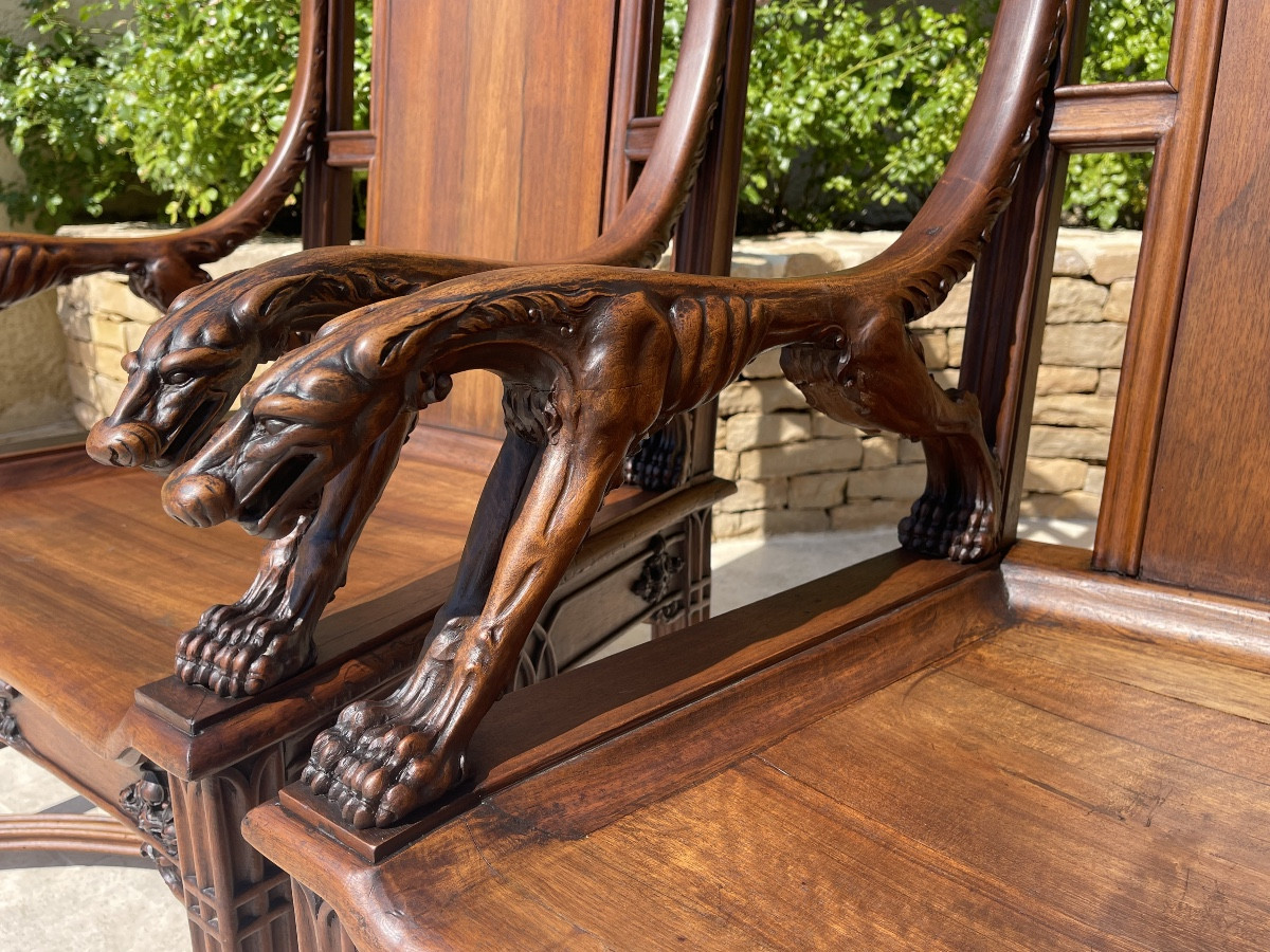 Unique! 4 Gothic  Style Walnut Armchairs + Footstools-photo-2