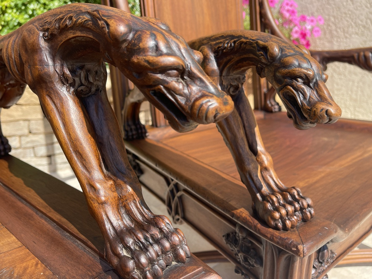 Unique! 4 Gothic  Style Walnut Armchairs + Footstools-photo-1