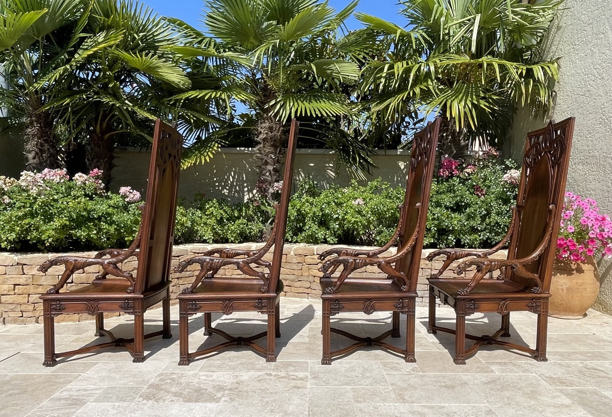 Unique! 4 Gothic  Style Walnut Armchairs + Footstools-photo-6