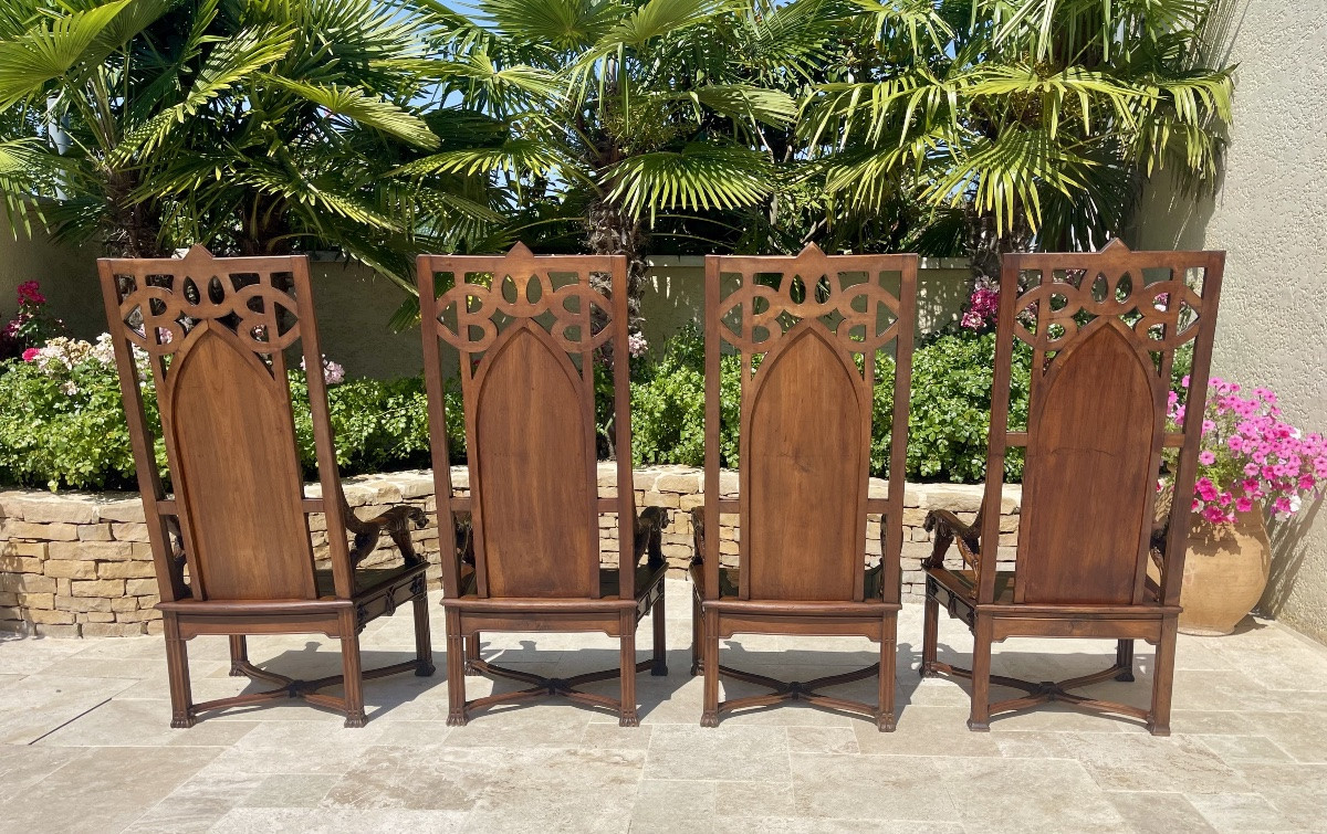 Unique! 4 Gothic  Style Walnut Armchairs + Footstools-photo-7