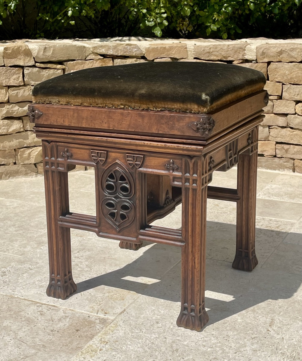 Unique! 4 Gothic  Style Walnut Armchairs + Footstools-photo-8