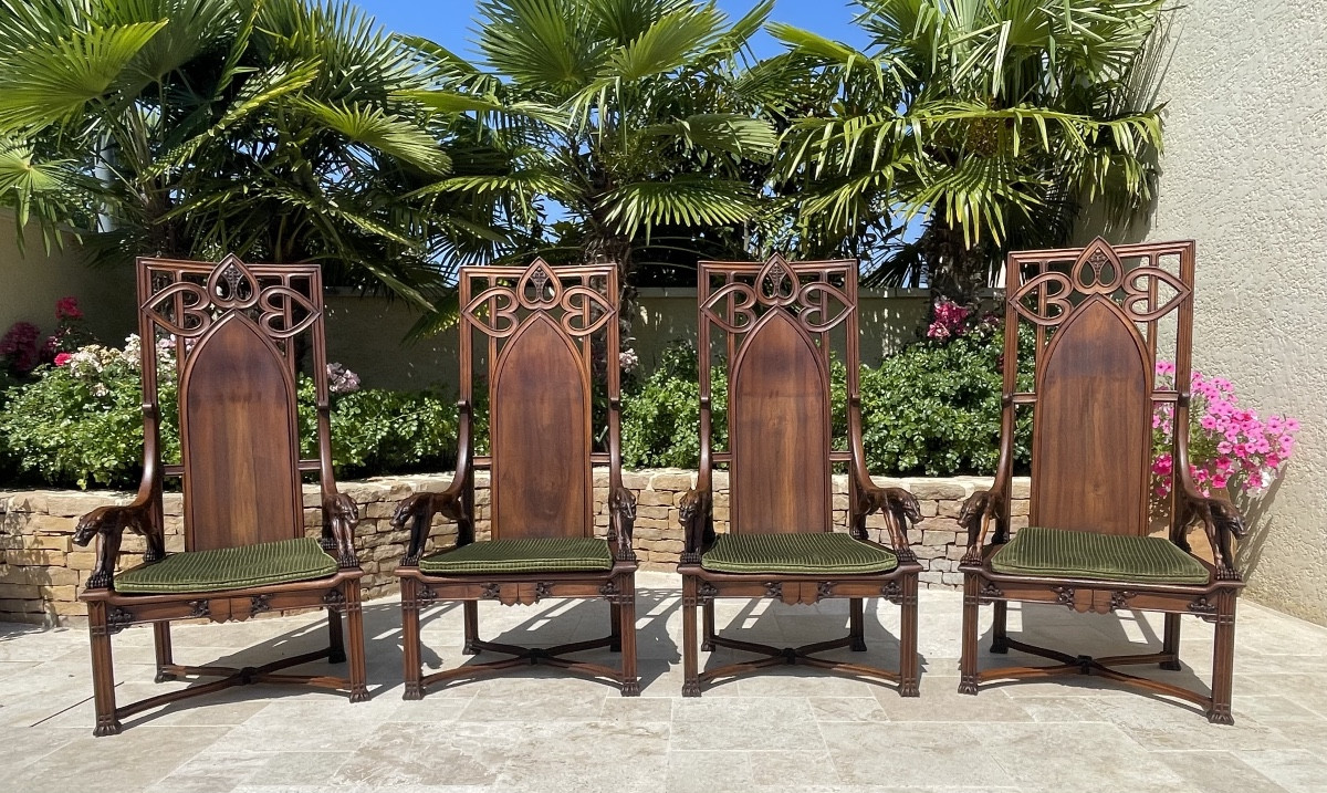 Unique! 4 Gothic  Style Walnut Armchairs + Footstools