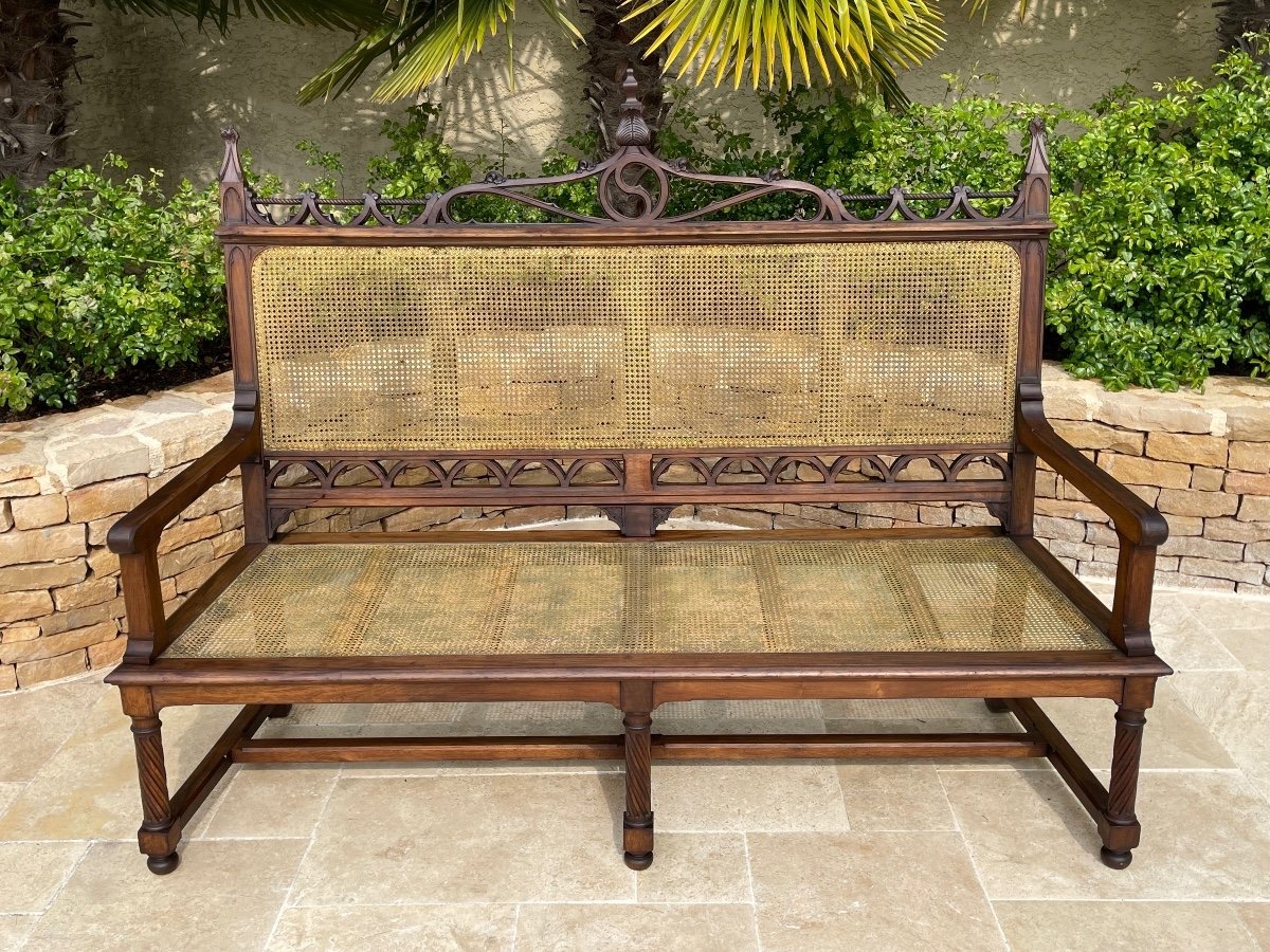 Banc Gothique en Noyer et Cannage -photo-2