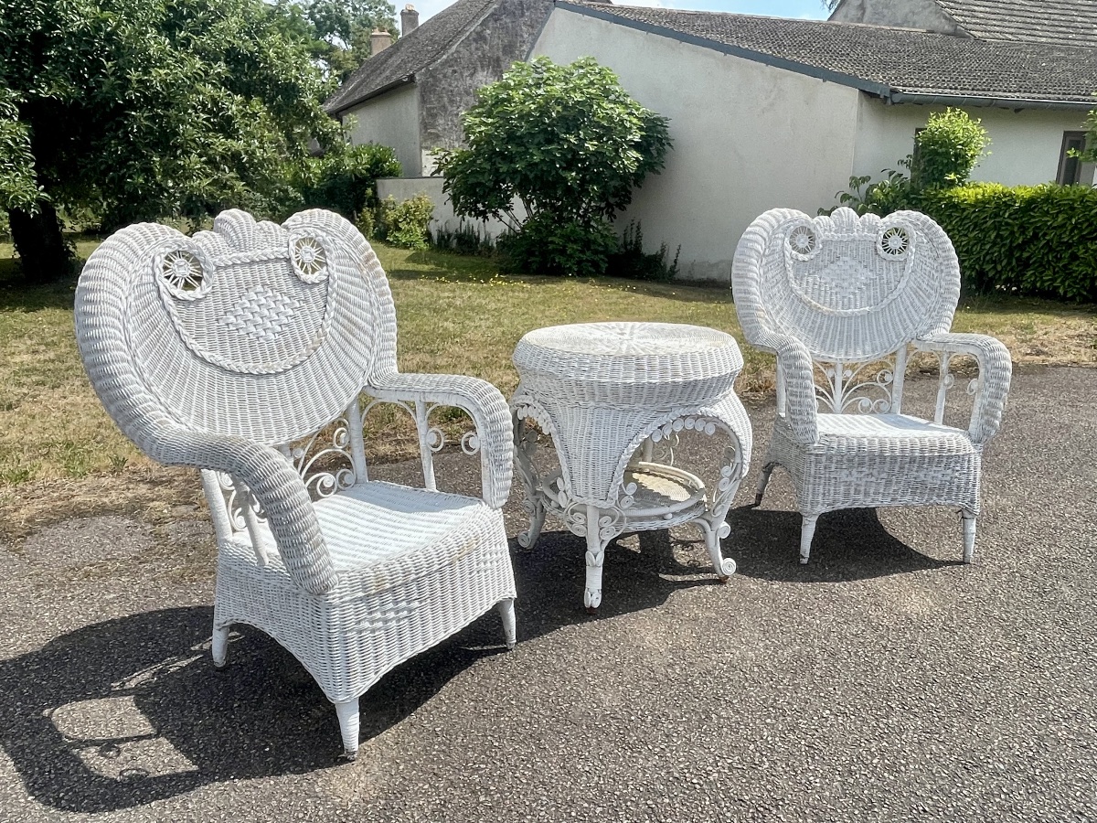 Miscellaneous Pair Of Rattan Garden Chairs And Table-photo-2