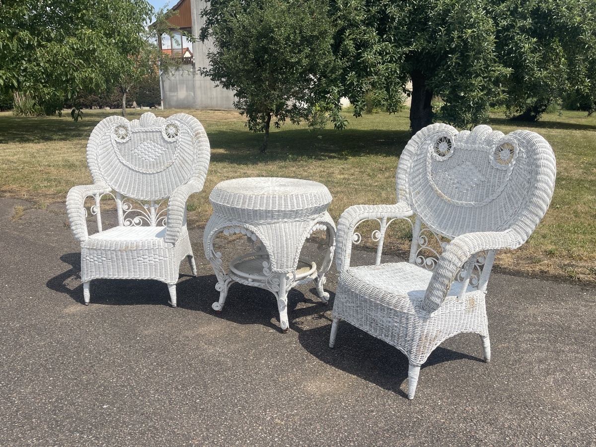 Miscellaneous Pair Of Rattan Garden Chairs And Table-photo-3