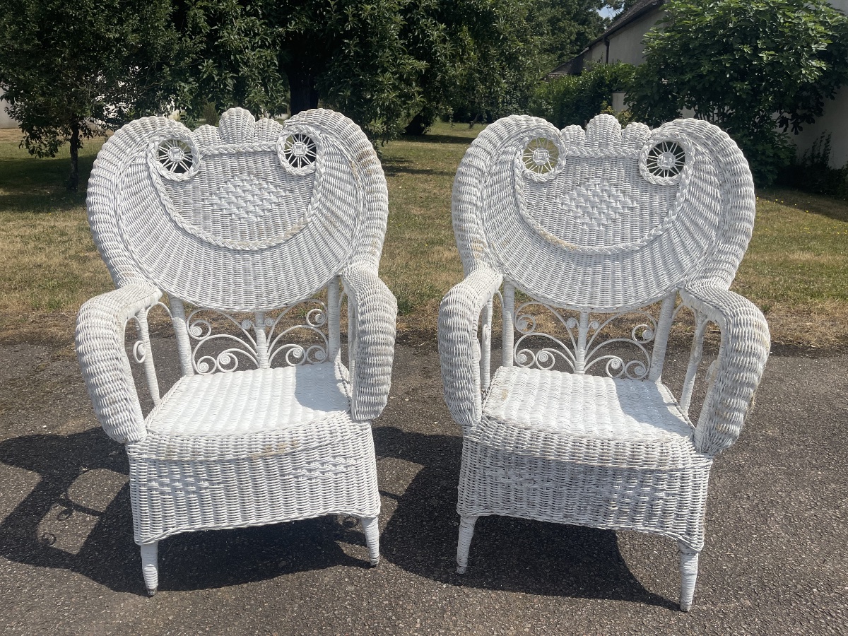 Miscellaneous Pair Of Rattan Garden Chairs And Table-photo-4