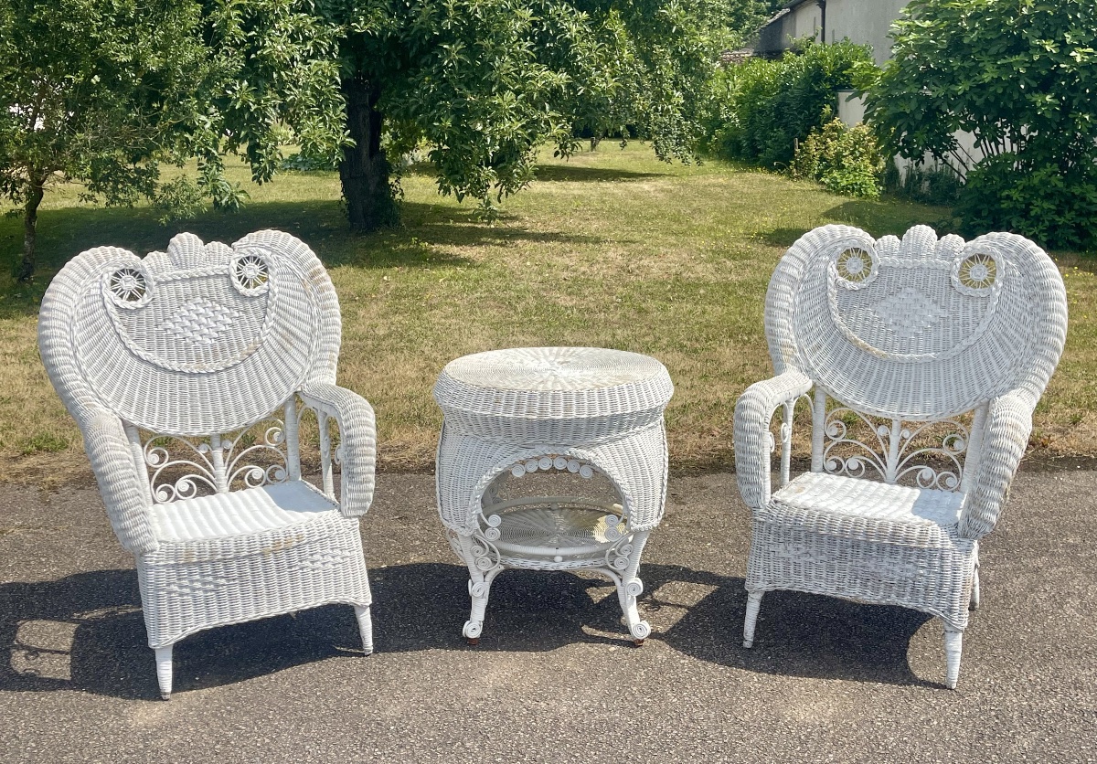 Miscellaneous Pair Of Rattan Garden Chairs And Table