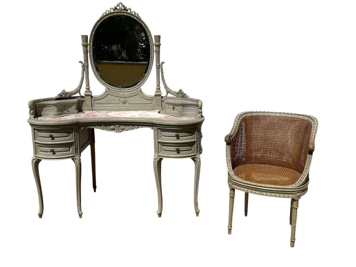 Louis XVI-style Lacquered Dressing Table And Chair-photo-3