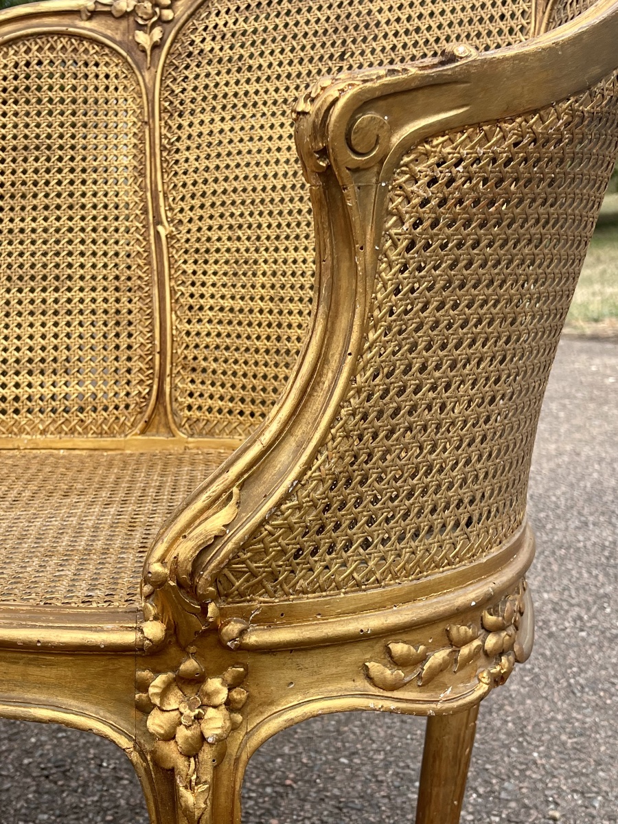 Louis XV-style Bench With Gilded Wood And Wickerwork-photo-4