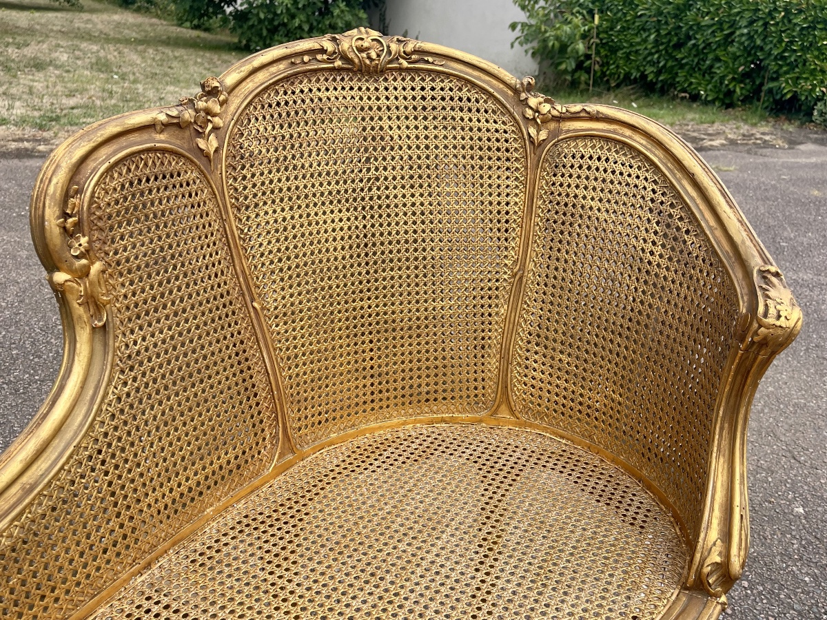Louis XV-style Bench With Gilded Wood And Wickerwork-photo-2