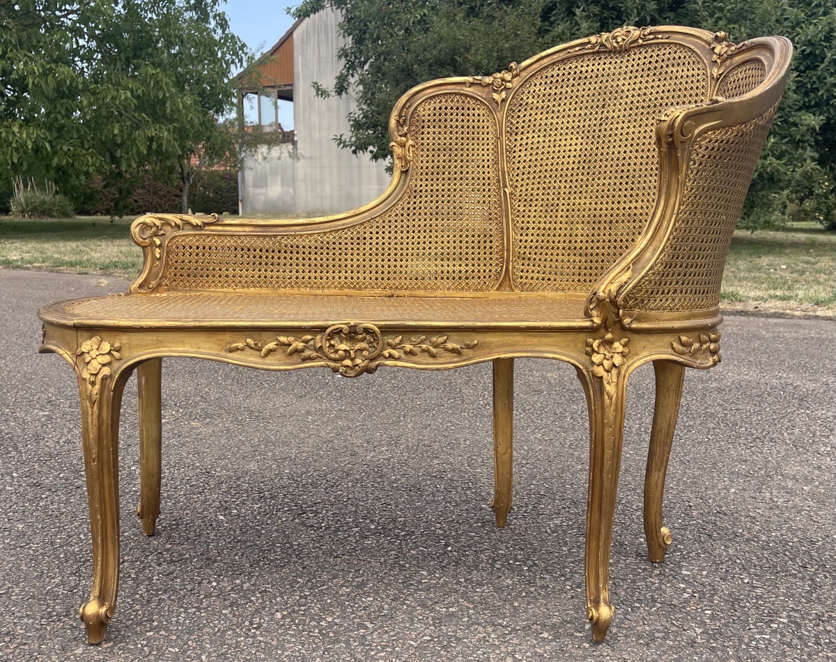 Louis XV-style Bench With Gilded Wood And Wickerwork-photo-5