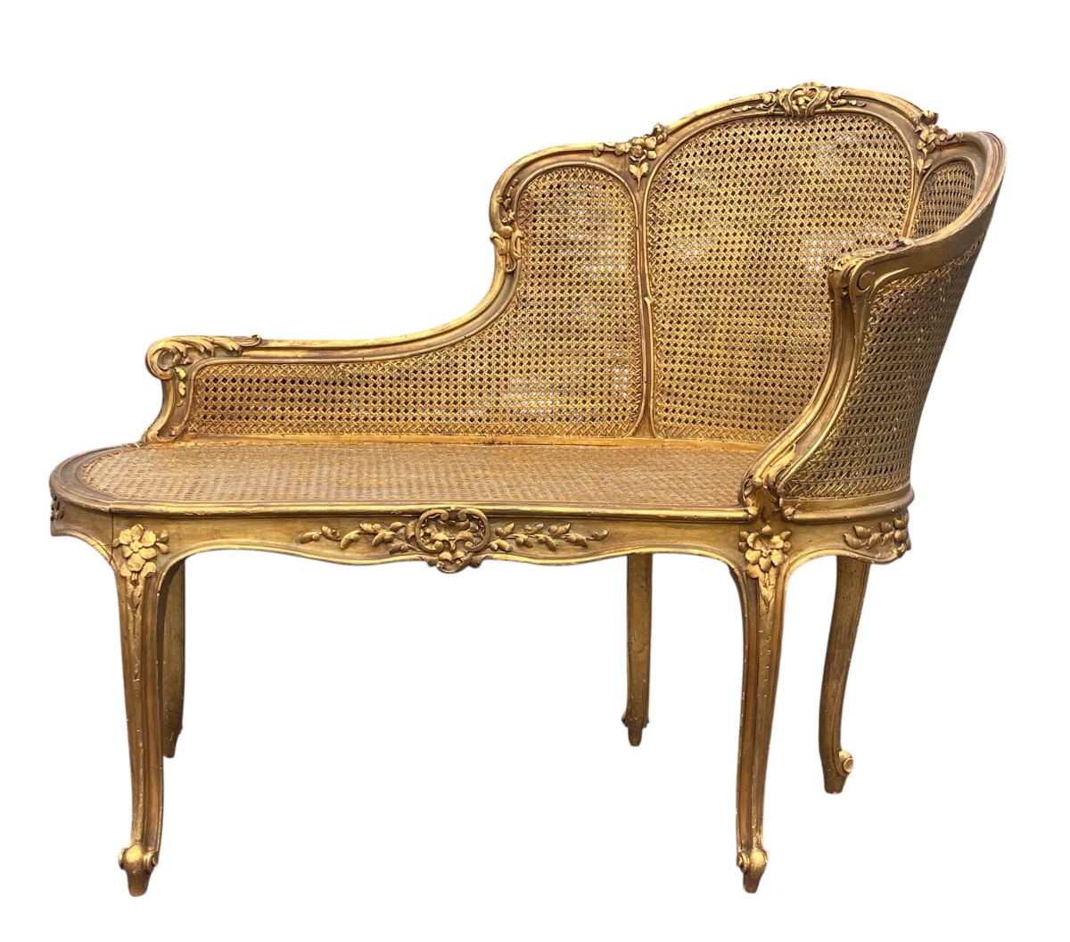 Louis XV-style Bench With Gilded Wood And Wickerwork