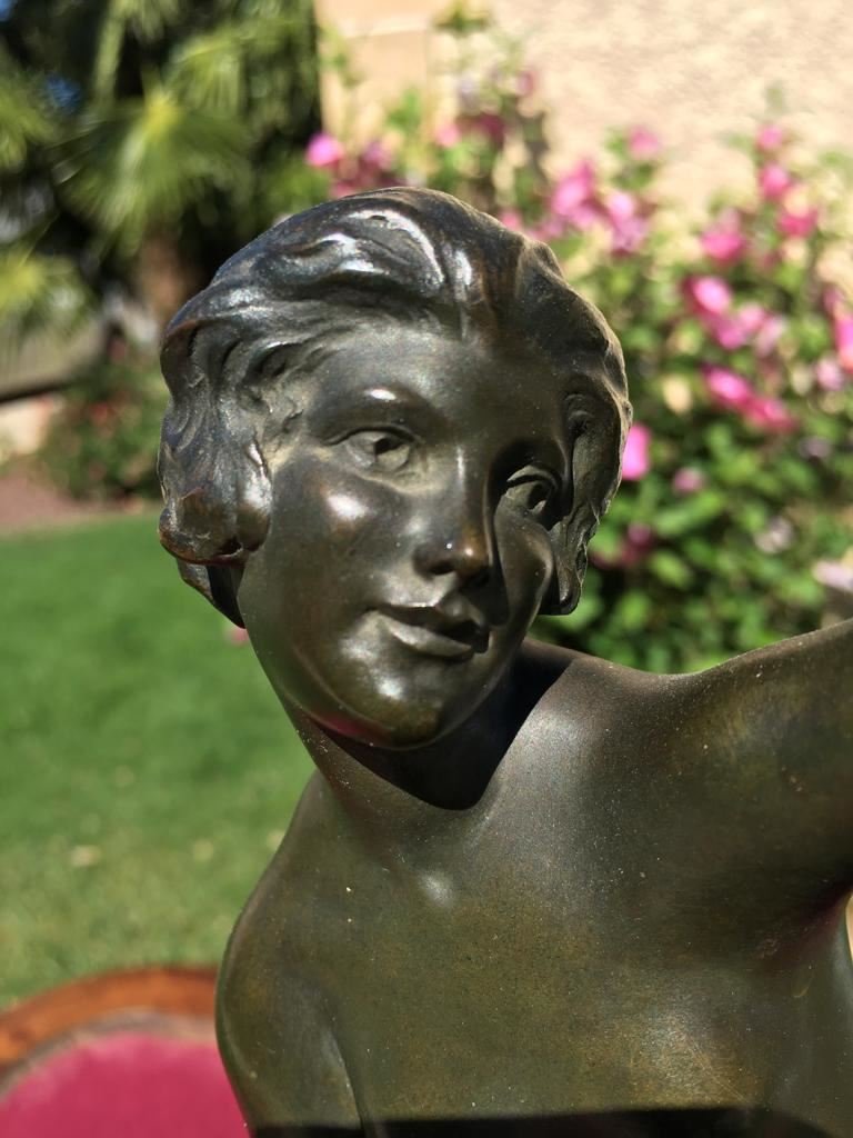 M GUIRAUD RIVIERE - Bronze Art Déco, Danseuse avec une Sphère en Ivoire dans la Main-photo-4