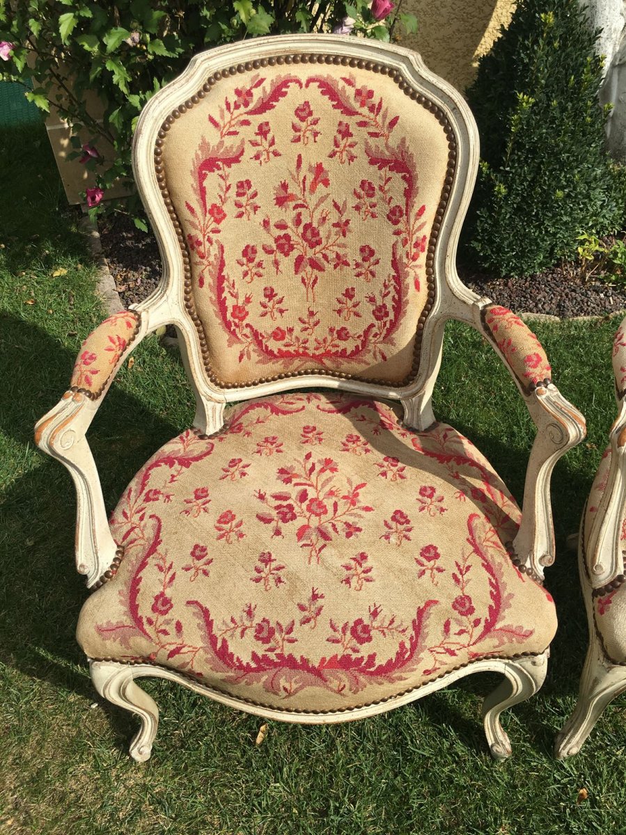 XVIIIe - Paire de Fauteuils Cabriolets  Laqués d'époque Louis XV-photo-3