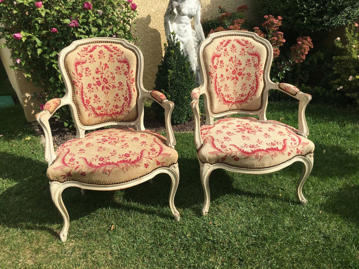 XVIIIe - Pair Of Lacquered Armchairs Period Louis XV-photo-8