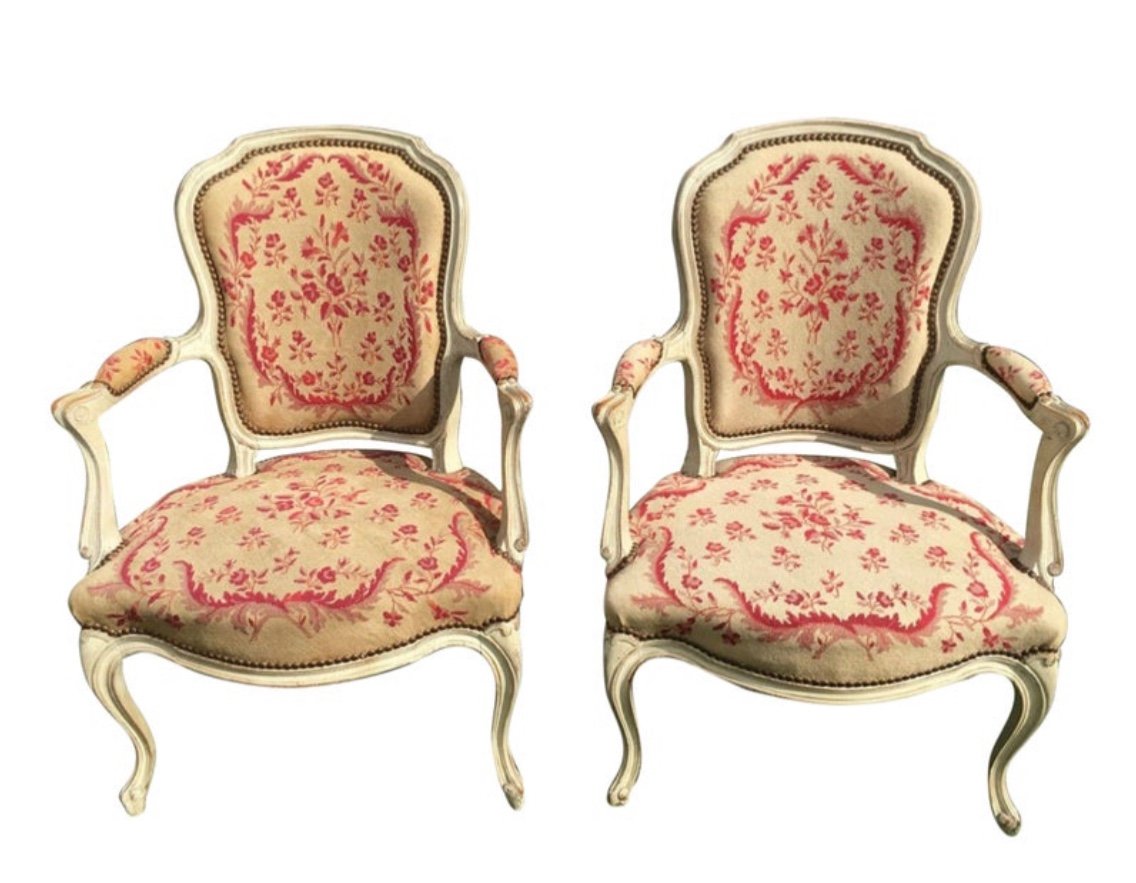 XVIIIe - Pair Of Lacquered Armchairs Period Louis XV