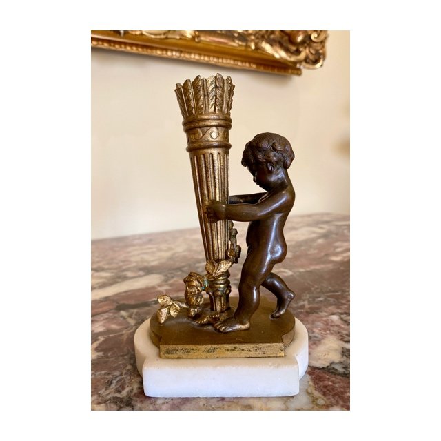 Cupidon - Candlestick In Bronze And Marble - XIXth-photo-2