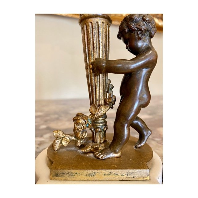 Cupidon - Candlestick In Bronze And Marble - XIXth-photo-3