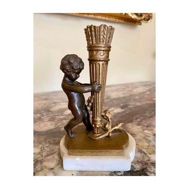 Cupidon - Candlestick In Bronze And Marble - XIXth-photo-1