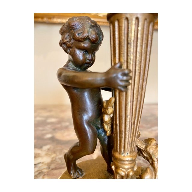 Cupidon - Candlestick In Bronze And Marble - XIXth-photo-2