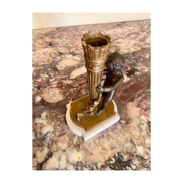 Cupidon - Candlestick In Bronze And Marble - XIXth-photo-4