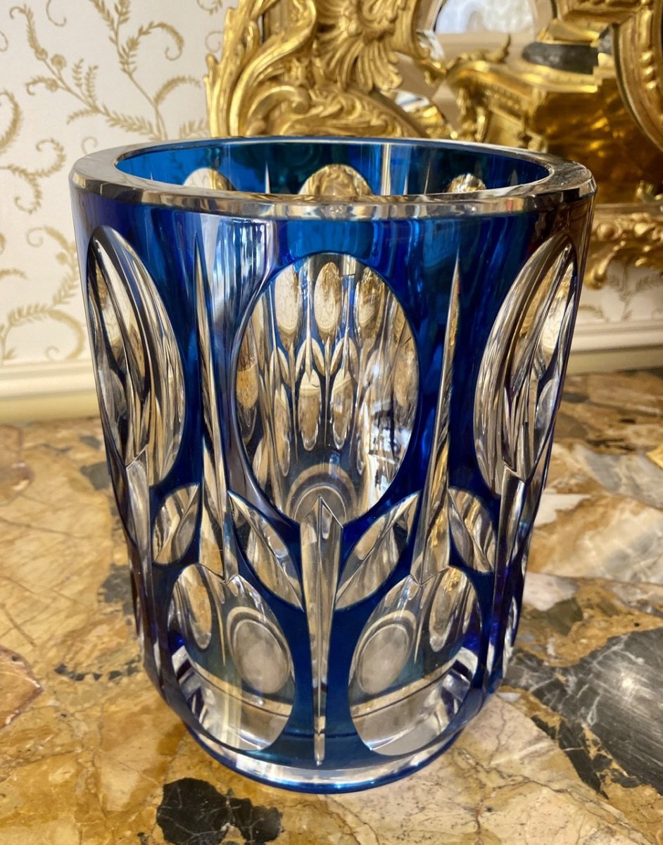 Val Saint Lambert - Blue Lined Cut Crystal Vase-photo-2