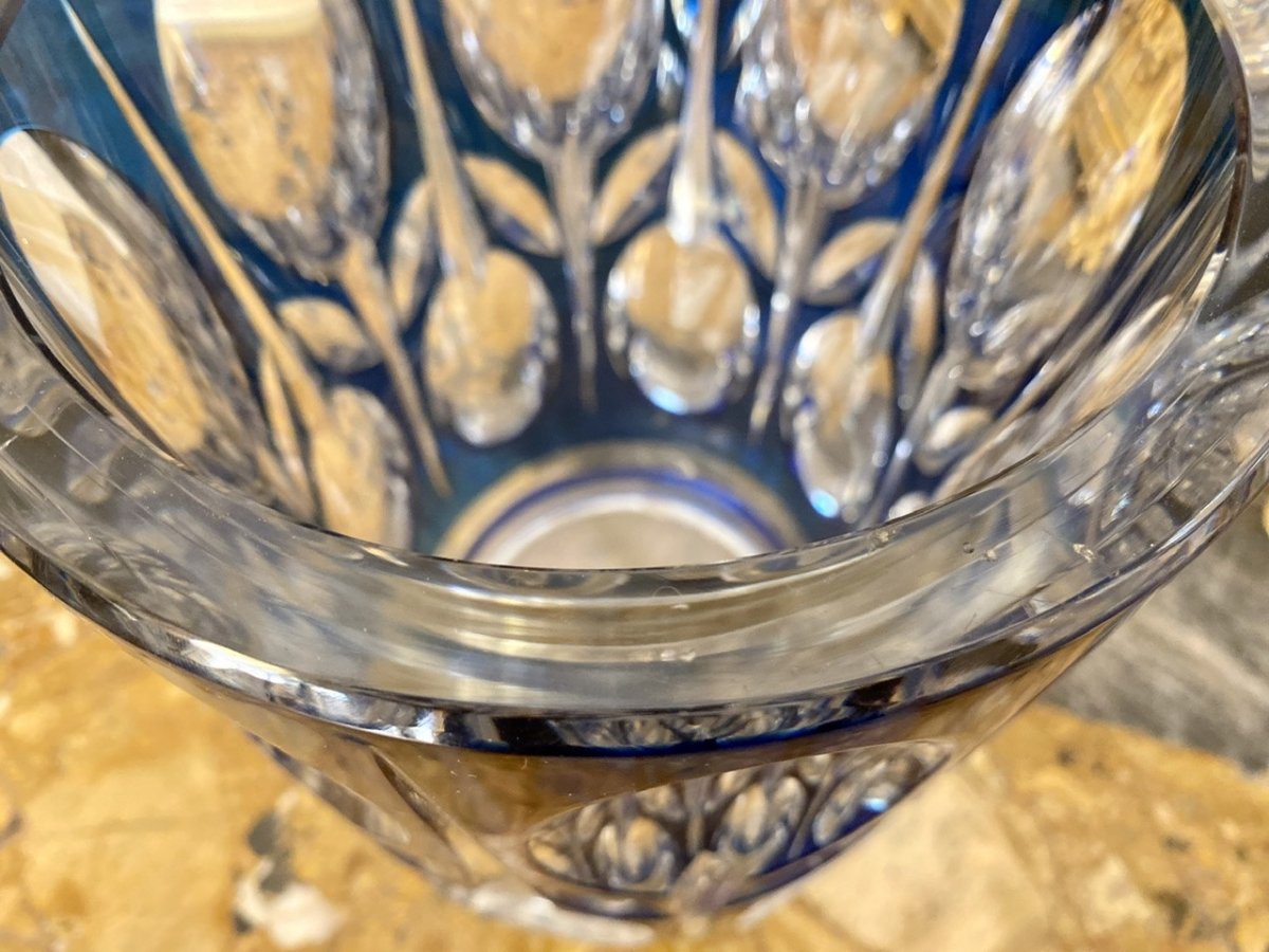 Val Saint Lambert - Vase en Cristal Taillé Doublé Bleu-photo-4