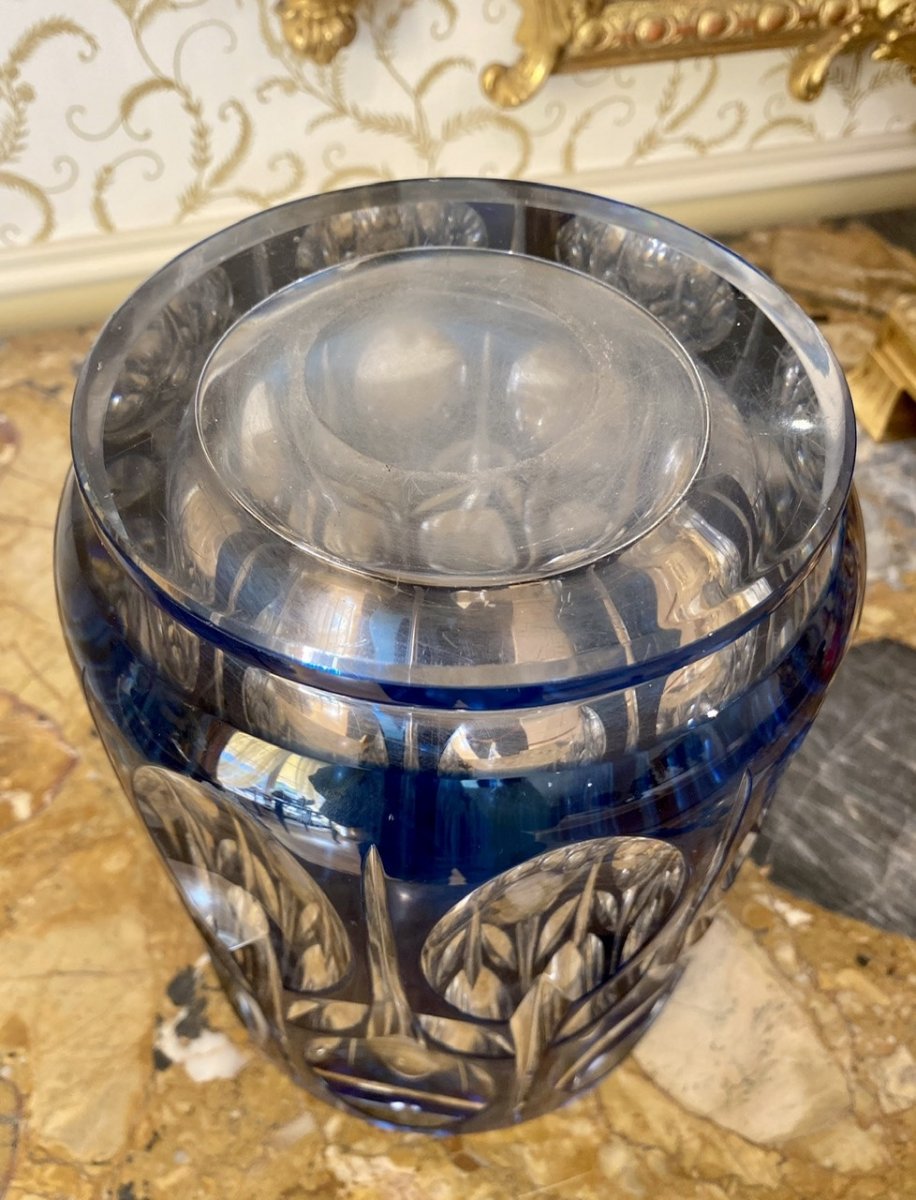 Val Saint Lambert - Blue Lined Cut Crystal Vase-photo-2