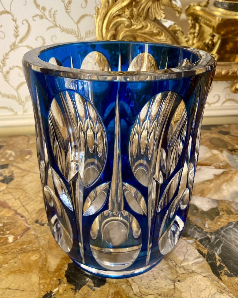 Val Saint Lambert - Vase en Cristal Taillé Doublé Bleu