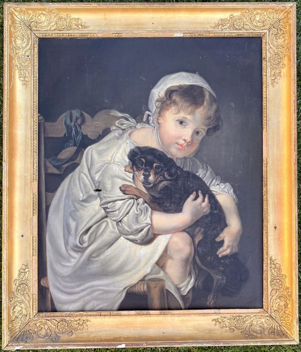 Jb Greuze - Oil On Canvas, Child With His Dog-photo-2