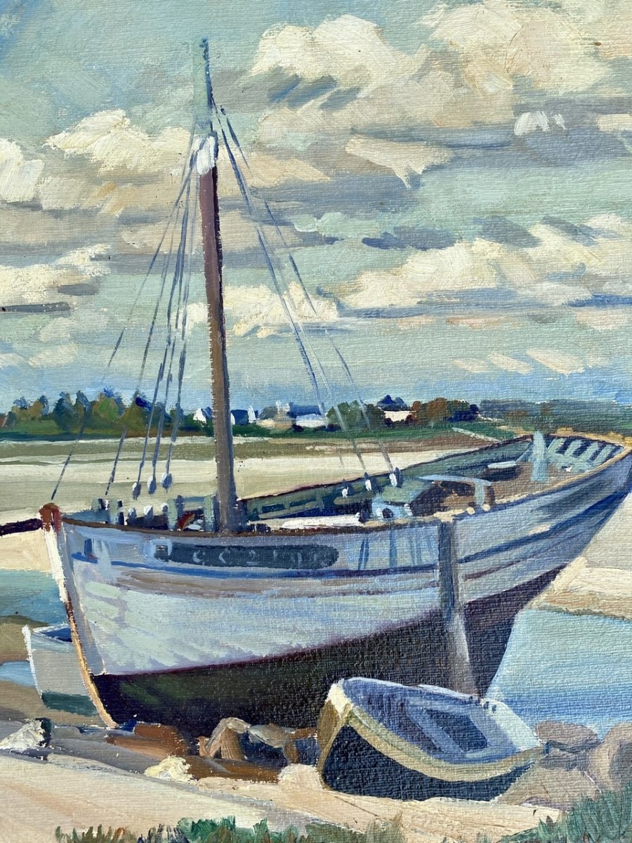 F. MEHEUT - Huile sur Isorel, Bateaux Bretons à Quai-photo-2