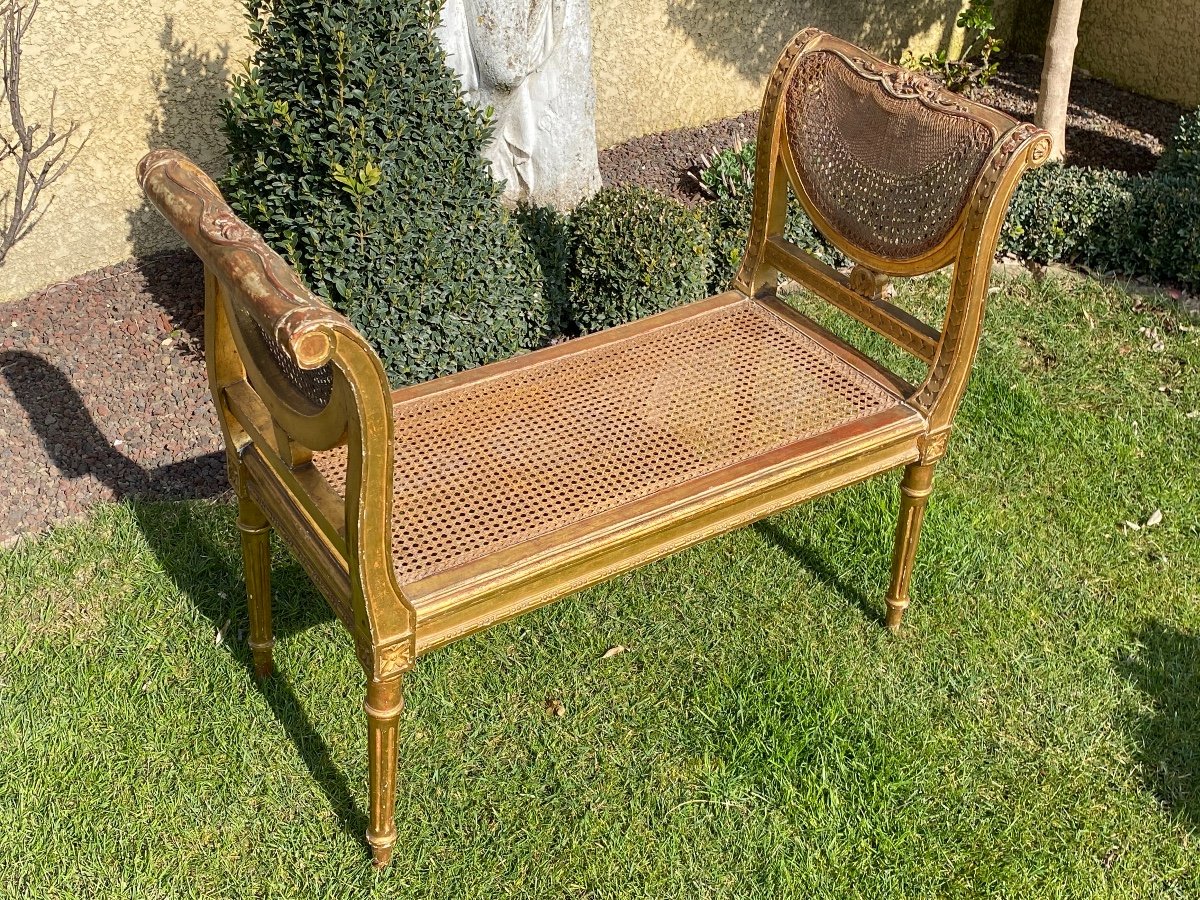 Small Bench Golden Wood & Cannage Louis XVI Style-photo-2