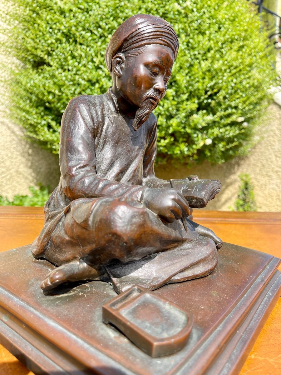 Époque MEIJI - Bronze « Lettré à L’écriture »-photo-2