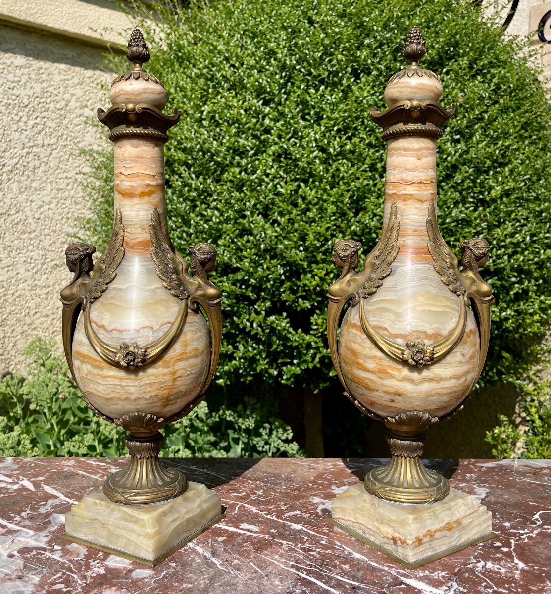 Paire de Vases en Onyx & Bronze Napoléon III 