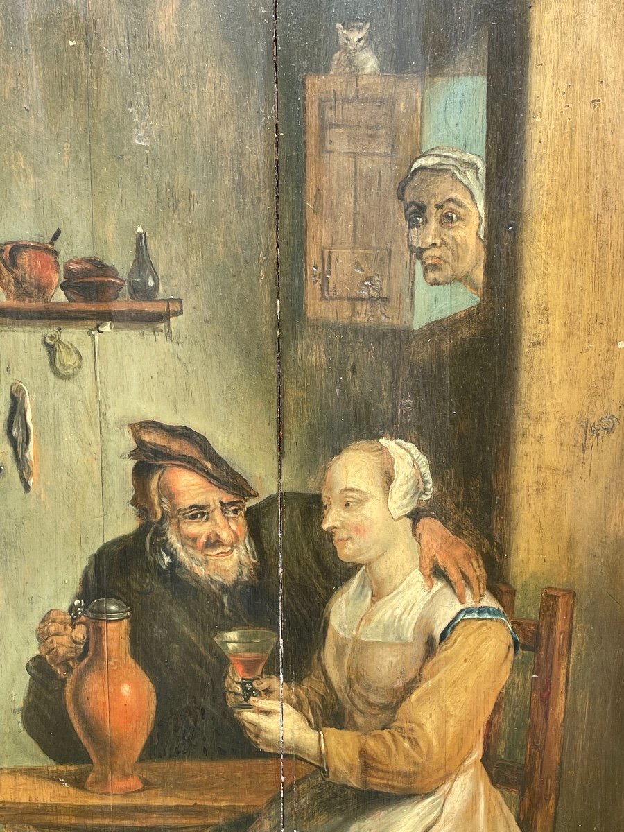 Fin XVIIIe - Huile sur Panneau, Scène de Taverne -photo-3