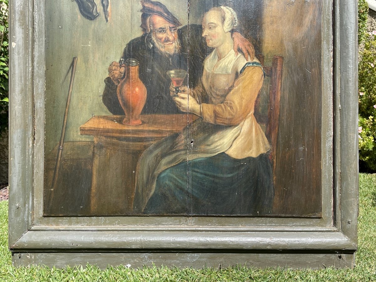 Fin XVIIIe - Huile sur Panneau, Scène de Taverne -photo-1