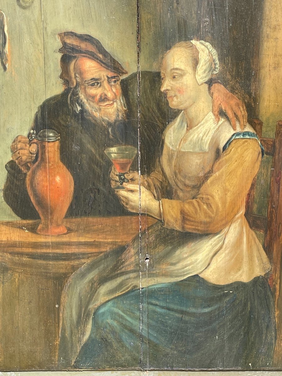 Fin XVIIIe - Huile sur Panneau, Scène de Taverne -photo-2