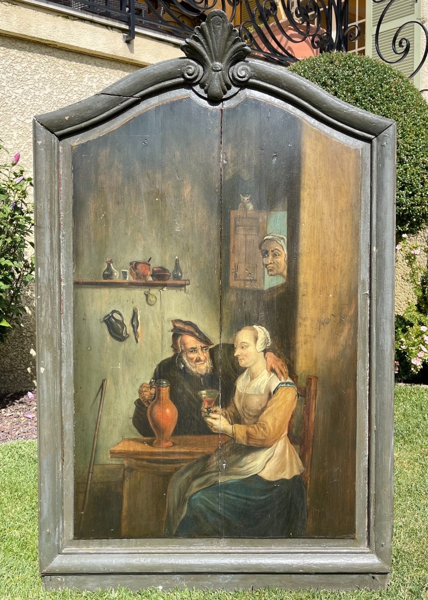 Fin XVIIIe - Huile sur Panneau, Scène de Taverne 