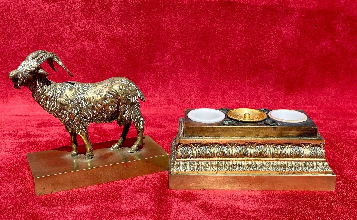 Gilt Bronze Inkwell With Ibex-photo-1