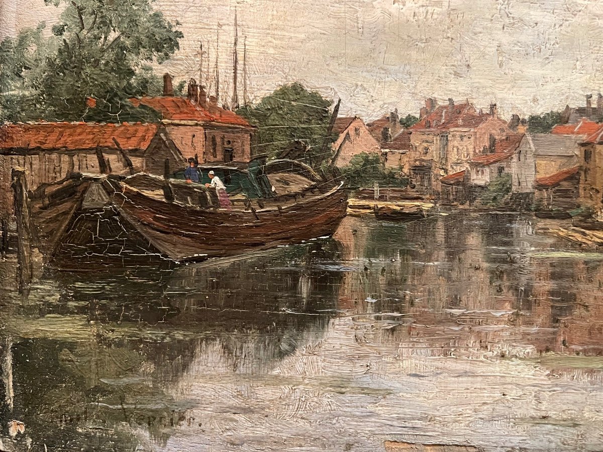 Émile Vernier - A Canal In Dordrecht, Oil On Panel-photo-4