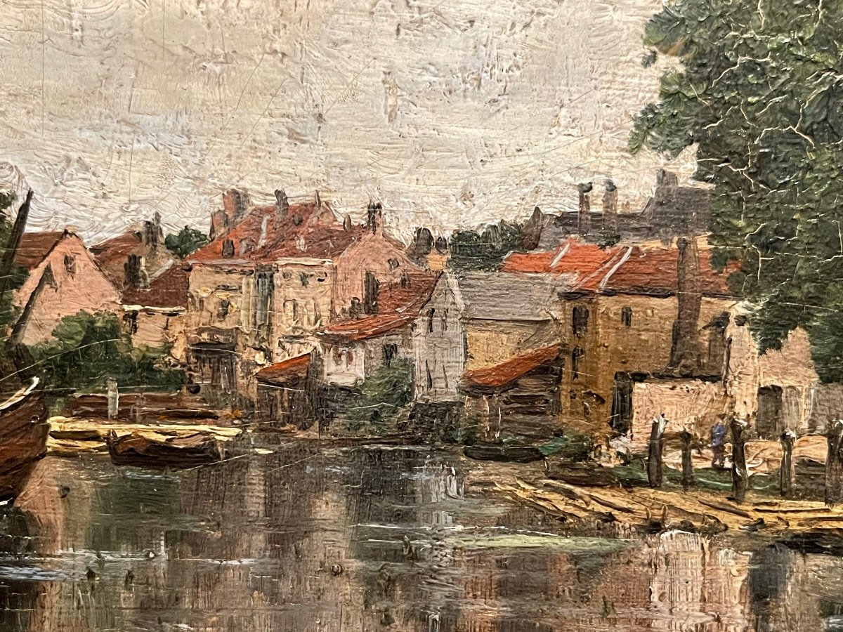 Émile Vernier - A Canal In Dordrecht, Oil On Panel-photo-1