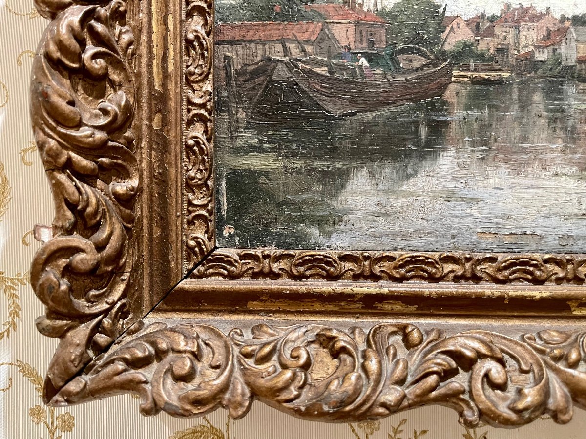 Émile Vernier - A Canal In Dordrecht, Oil On Panel-photo-3