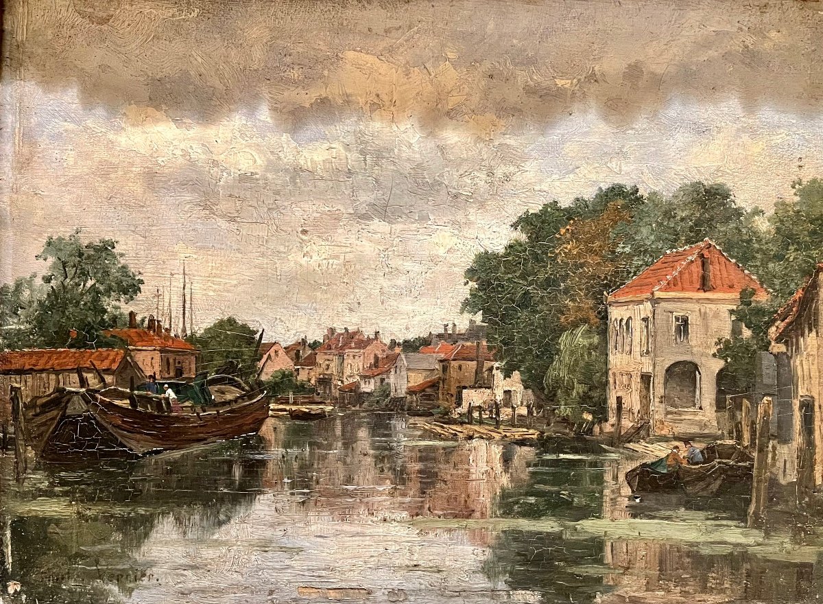 Émile Vernier - A Canal In Dordrecht, Oil On Panel