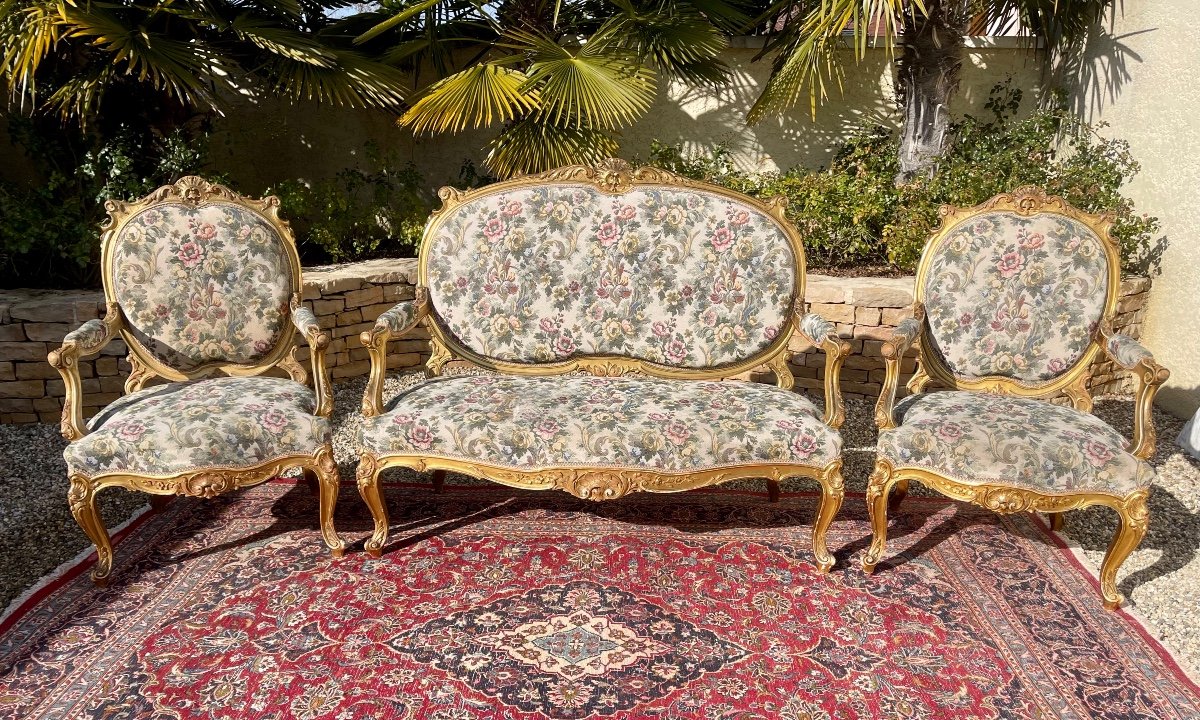 Living Room In Golden Wood Louis XV Style (7 Pieces)-photo-2