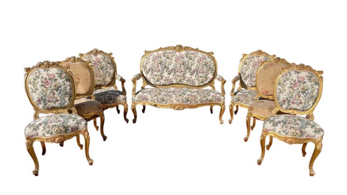 Living Room In Golden Wood Louis XV Style (7 Pieces)