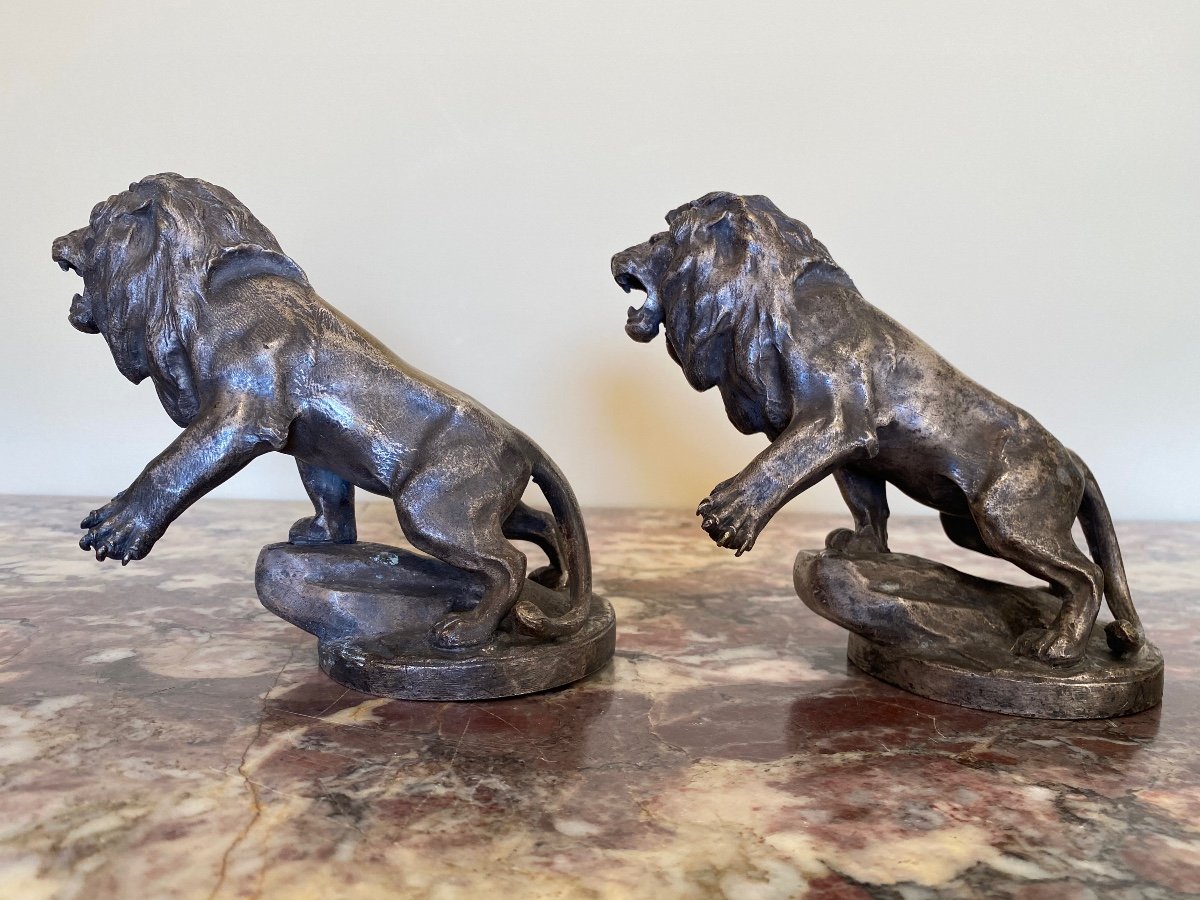 Maurice Roger MARX - Paire de Lions  Peugeot en Bronze Argenté -photo-2