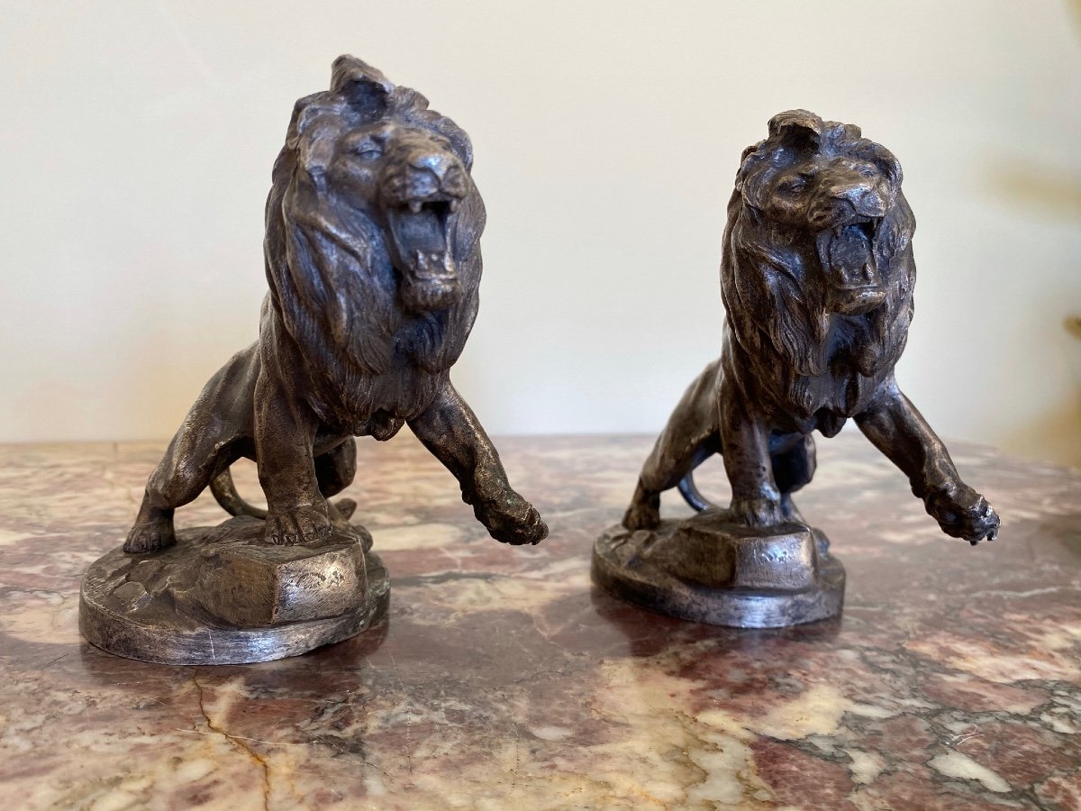 Maurice Roger MARX - Paire de Lions  Peugeot en Bronze Argenté 