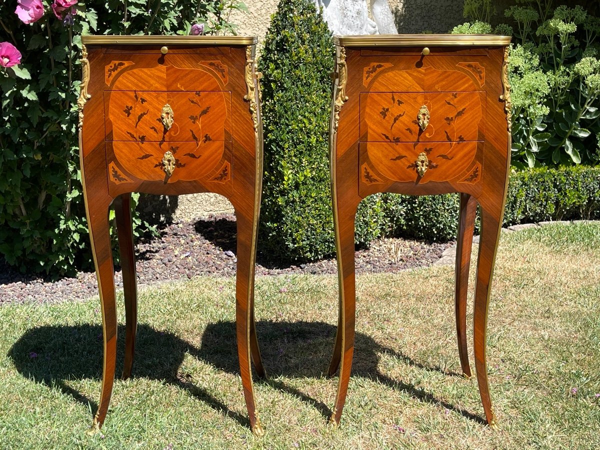 Paire de Chevets / Tables de Nuit Marqueterie Style Louis XV